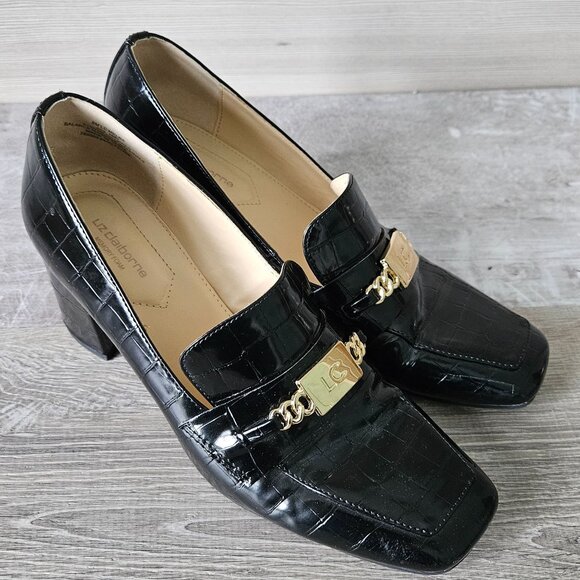 Liz Claiborne Black Croc Embossed Block Chunky Heel Loafer Gold Womens Size 8 - Picture 1 of 16